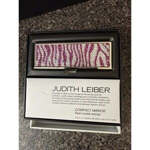 Judith Leiber Crystal Compact Mirror Slim Pink Silver Zebra Gems Dust Bag EUC